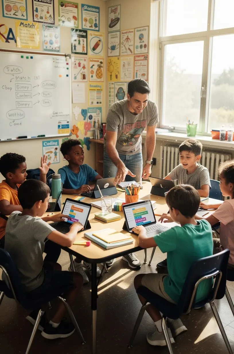 Urban skyline with solar panels and wind turbines.
